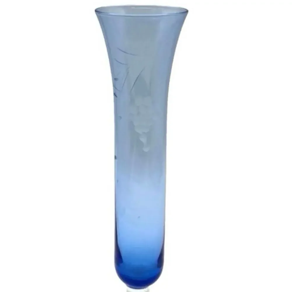 Vintage Blue Etched Grapes Fluted Footed Vase ruffled top 10
